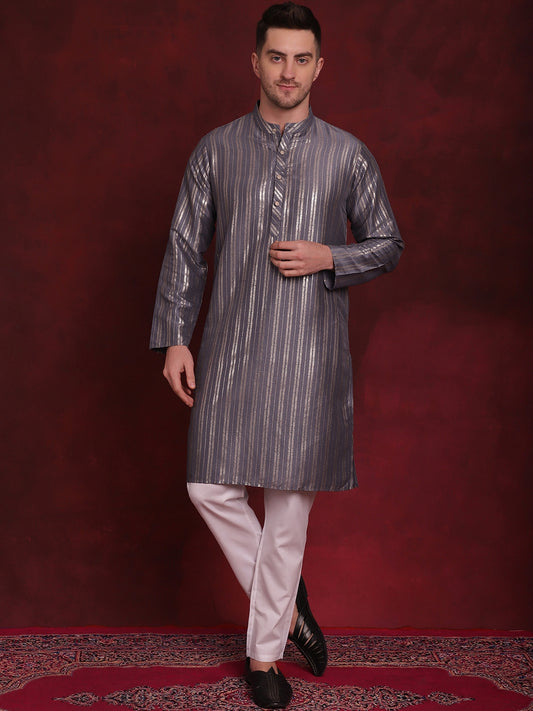 Men's Striped Cotton Kurtas ( ANMKO 142Grey ) [RT] [ O1 ]