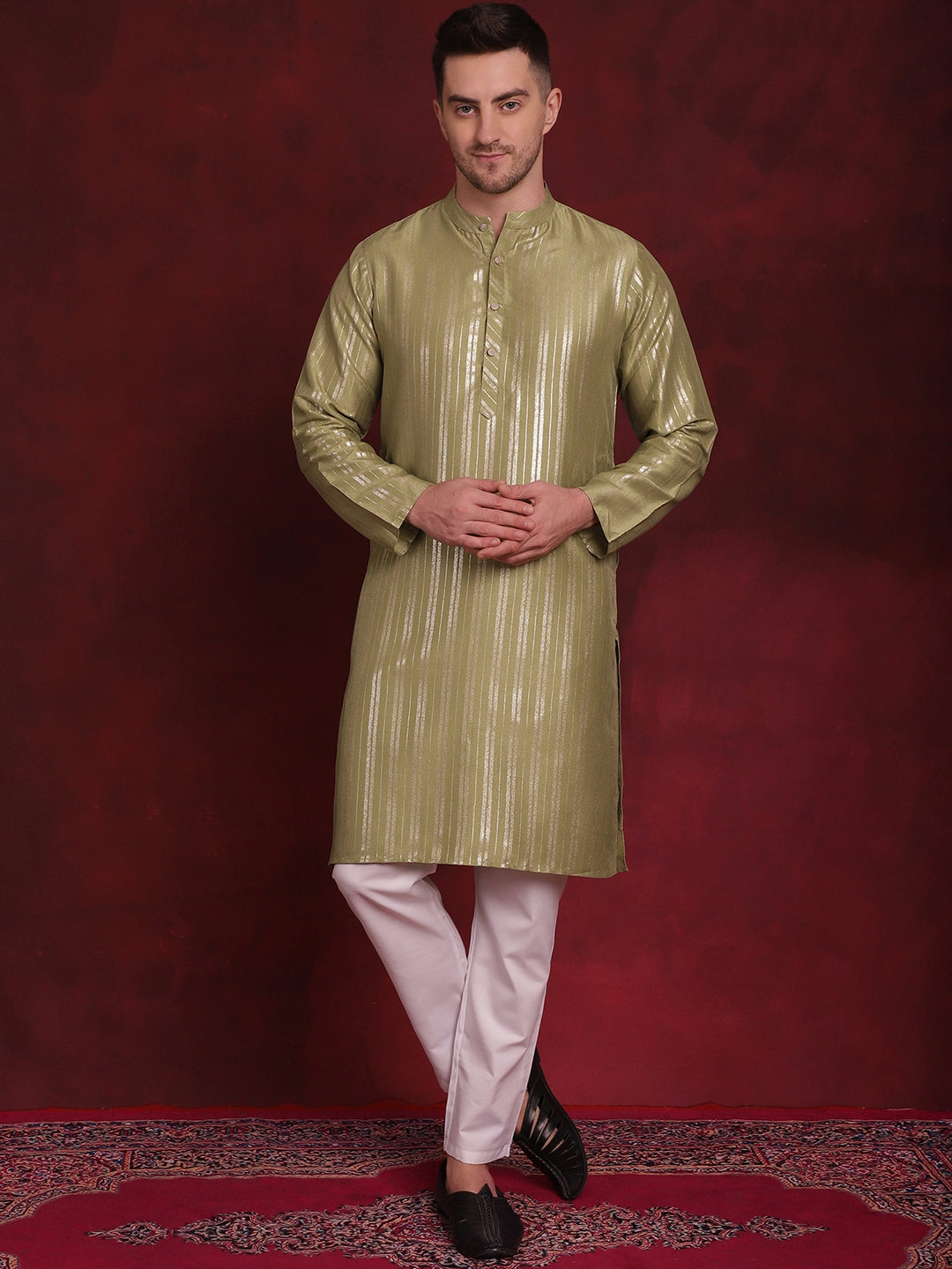 Men's Striped Cotton Kurtas ( ANMKO 142Mehndi ) [RT] [ O1 ]