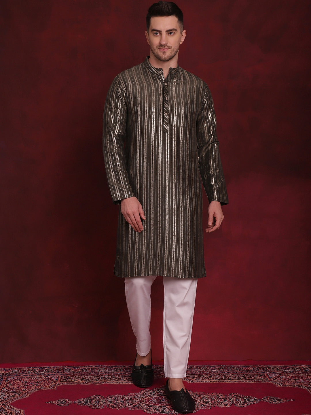 Men's Striped Cotton Kurtas ( ANMKO 142Olive ) [RT] [ O1 ]