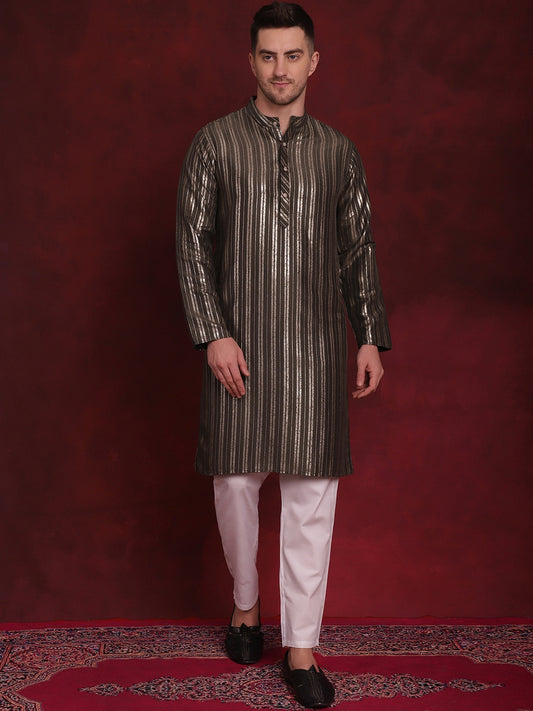 Men's Striped Cotton Kurtas ( ANMKO 142Olive ) [RT] [ O1 ]
