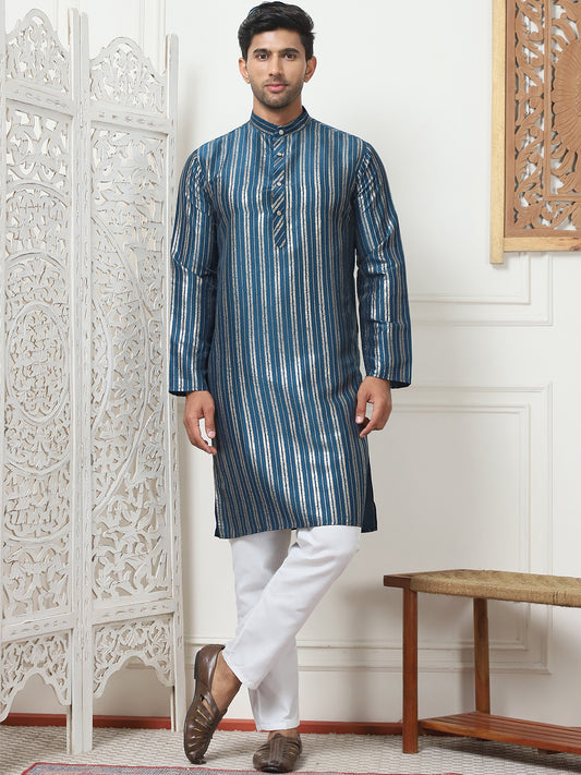 Men's Striped Cotton Kurtas ( ANMKO 142Peacock ) [RT] [ O1 ]
