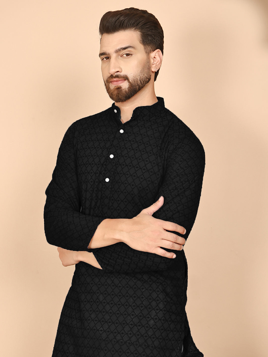 Men's Cream Embroidered Kurta Pyjama Set ( ANMKP 145Black )  [RT] [G-6-8]