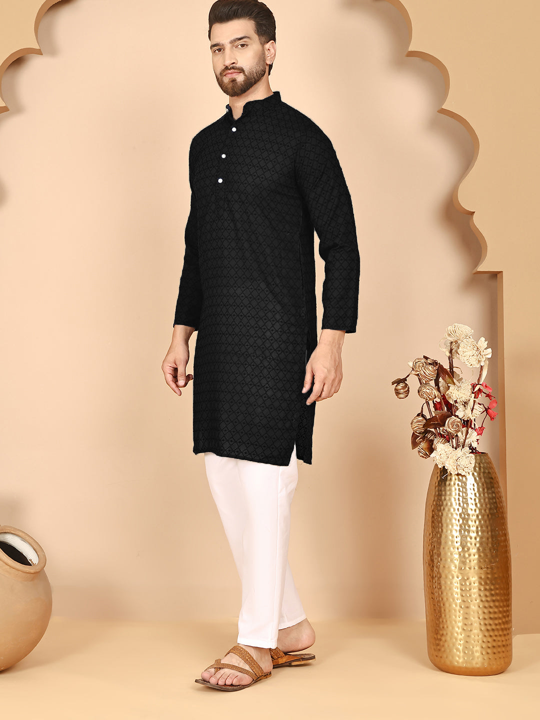 Men's Cream Embroidered Kurta Pyjama Set ( ANMKP 145Black )  [RT] [G-6-8]