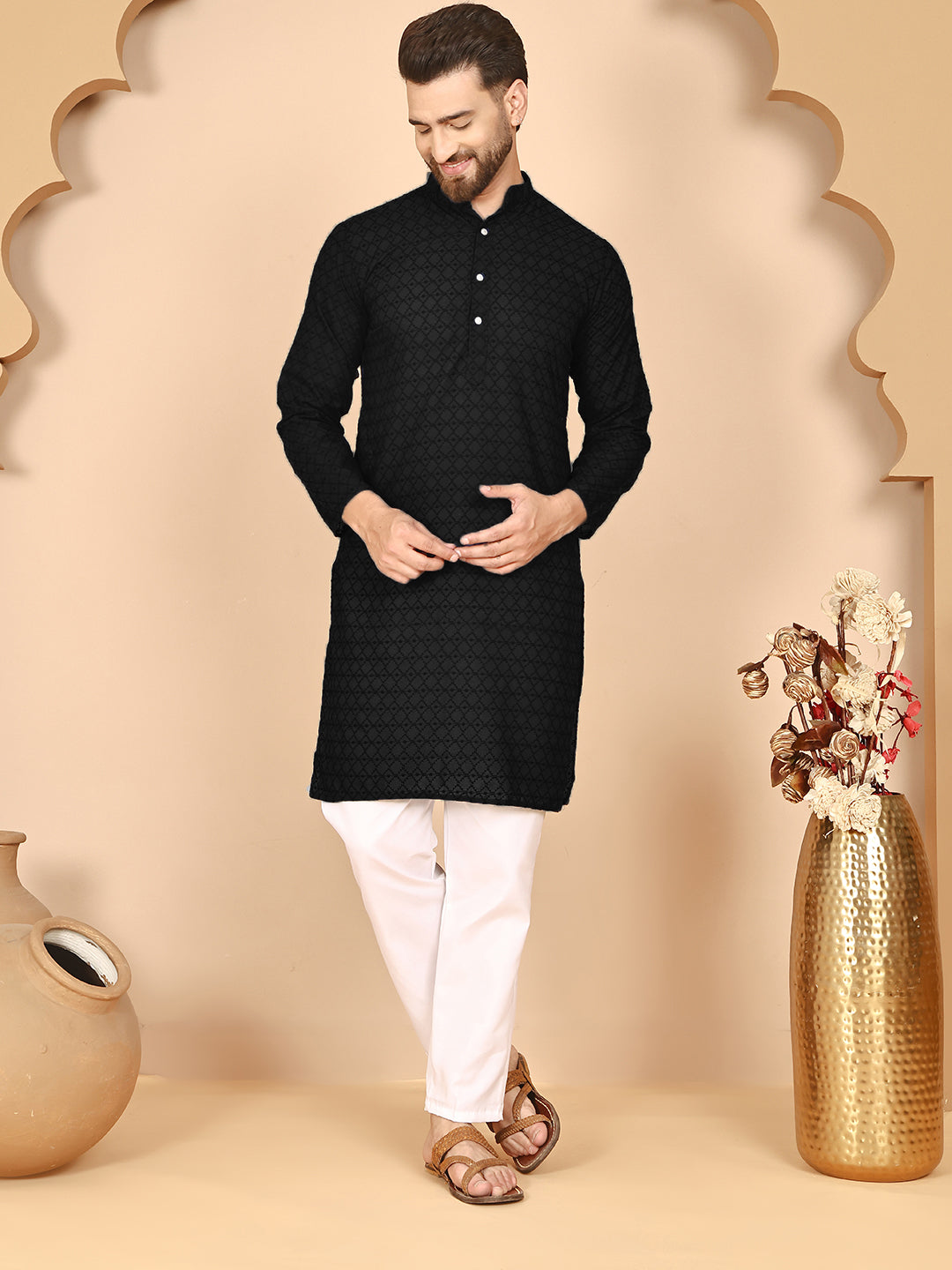 Men's Cream Embroidered Kurta Pyjama Set ( ANMKP 145Black )  [RT] [G-6-8]
