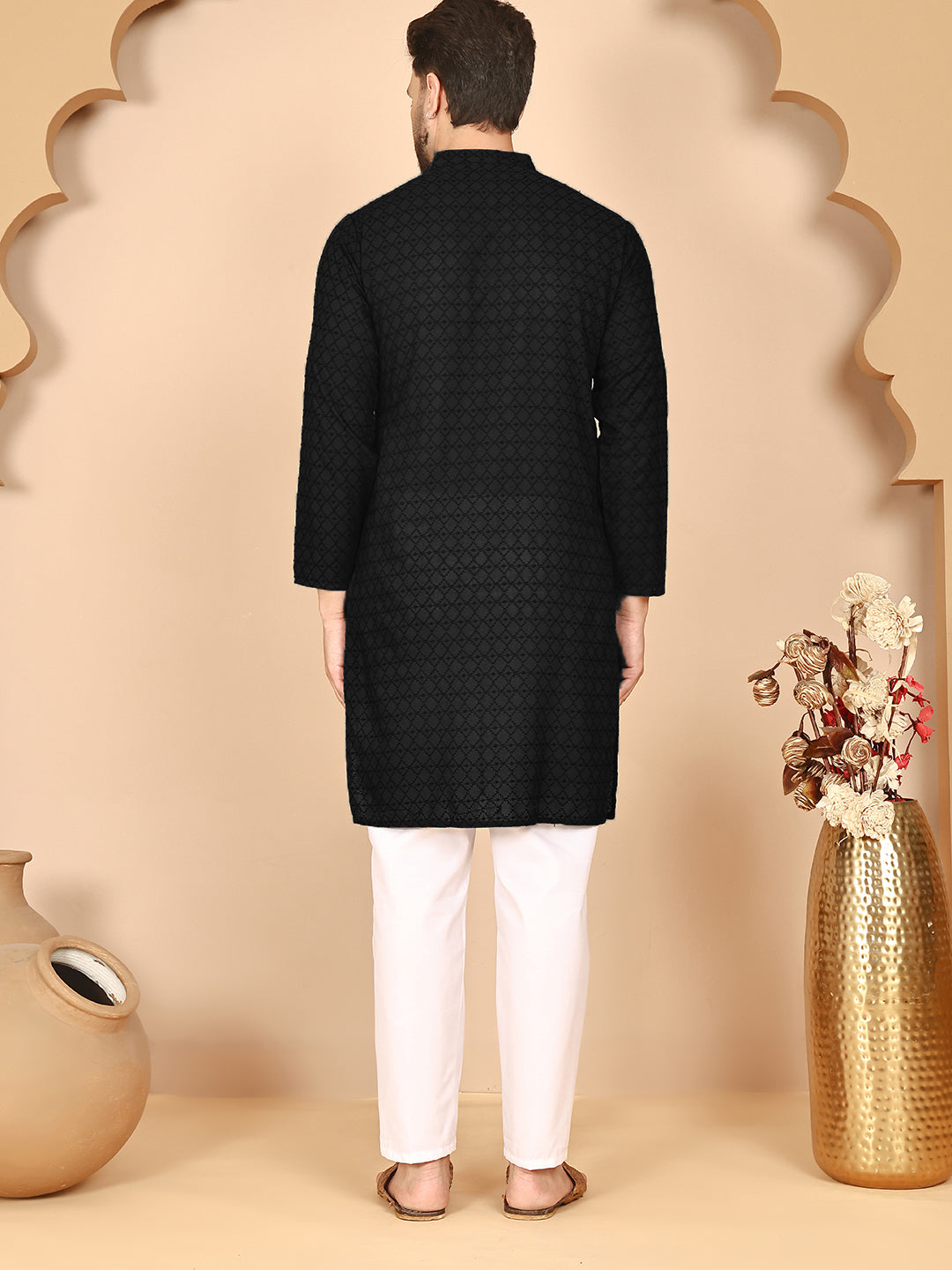 Men's Cream Embroidered Kurta Pyjama Set ( ANMKP 145Black )  [RT] [G-6-8]