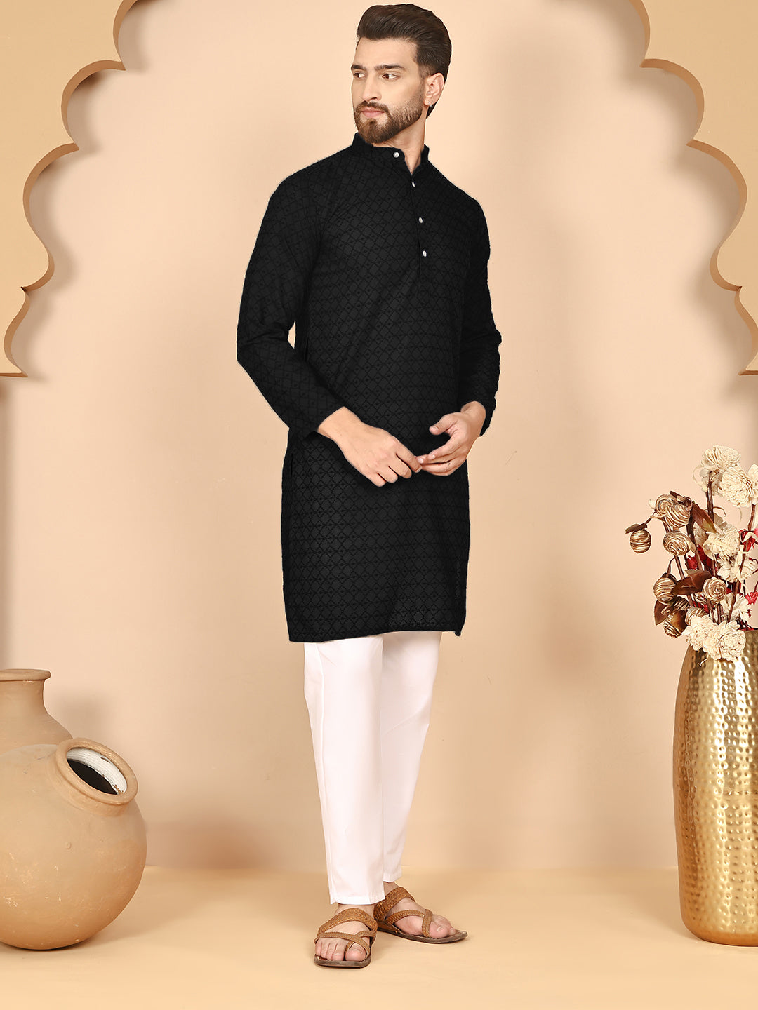 Men's Cream Embroidered Kurta Pyjama Set ( ANMKP 145Black )  [RT] [G-6-8]