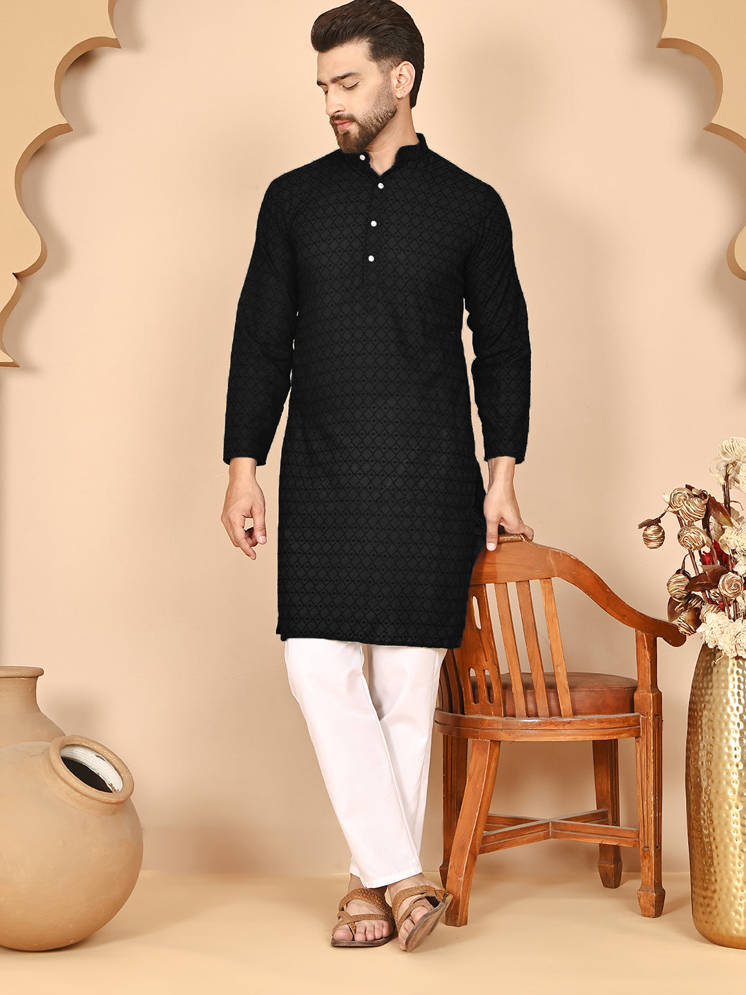 Men's Cream Embroidered Kurta Pyjama Set ( ANMKP 145Black )  [RT] [G-6-8]