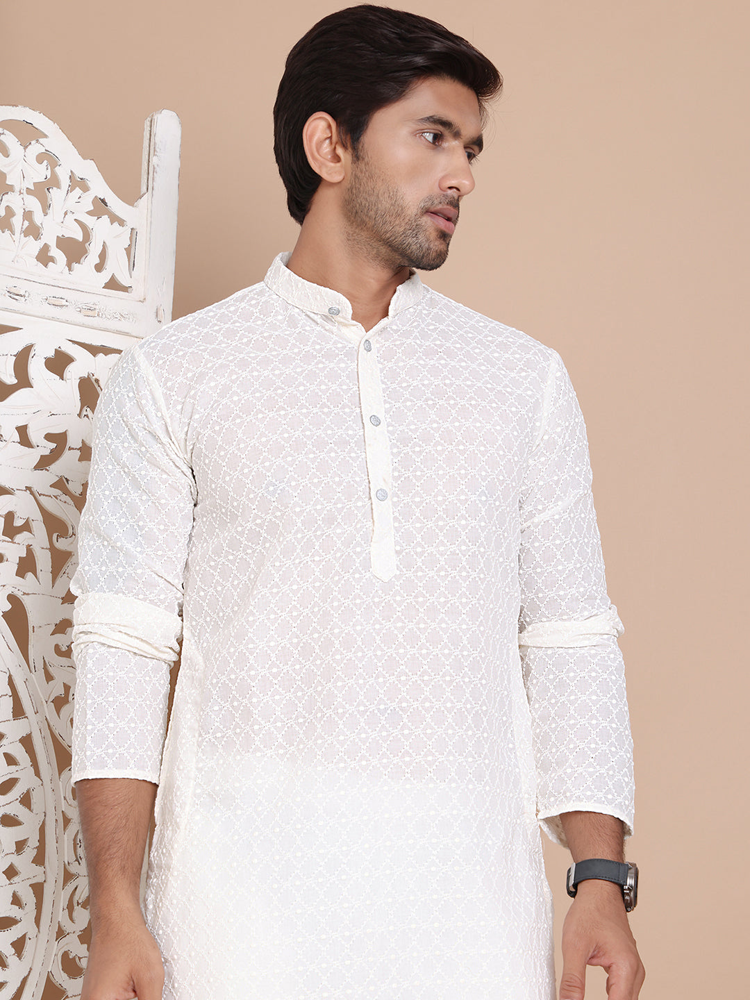 Classic Cotton Embroidered Kurtas ( RANMKO 145Cream )
