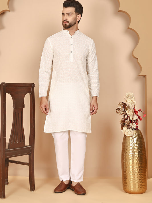 Classic Cotton Embroidered Kurtas ( RANMKO 145Cream )