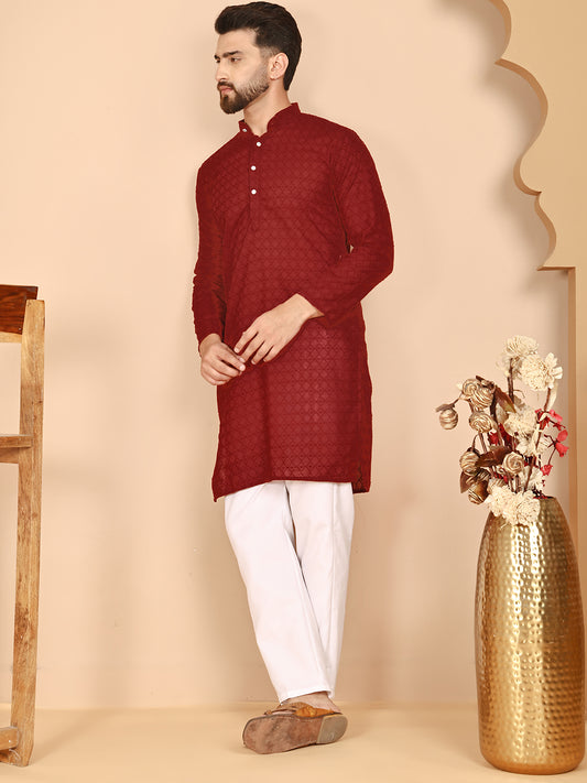 Classic Cotton Embroidered Kurtas ( RANMKO 145Maroon )