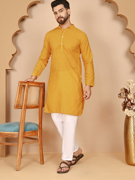 Classic Cotton Embroidered Kurtas ( RANMKO 145Mustard )