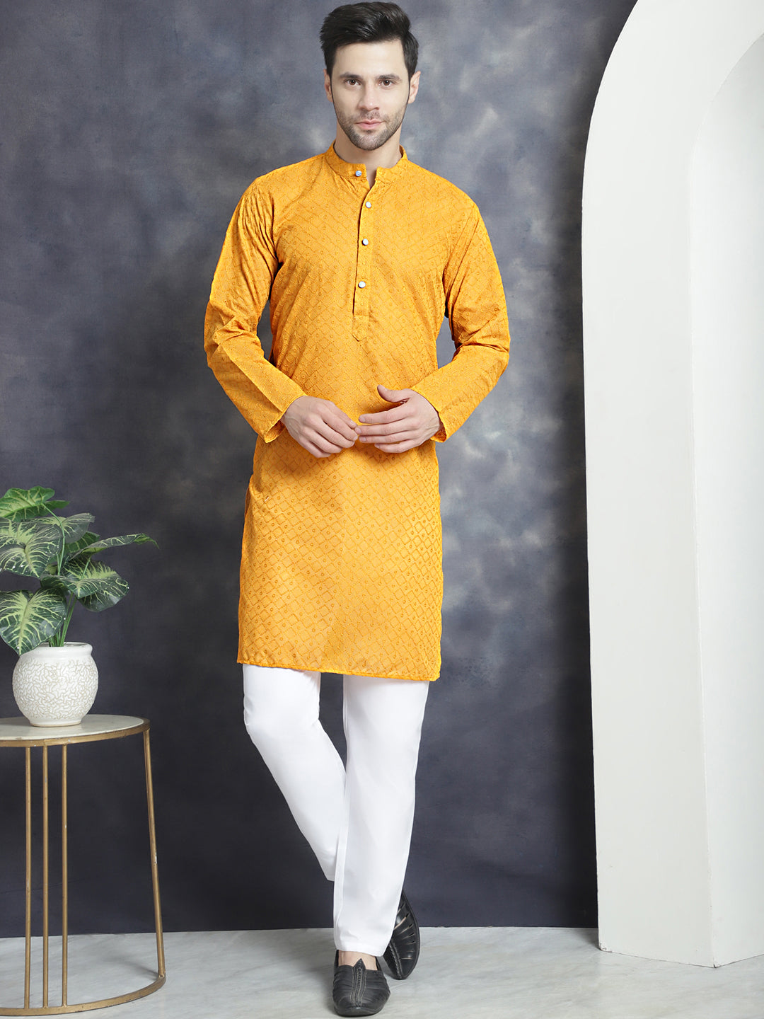 Men's Mustard Embroidered Kurtas ( ANMKKO 145Mustard )