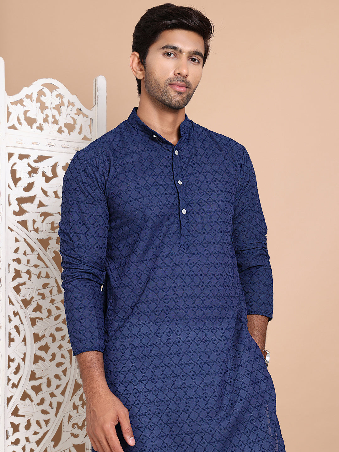 Classic Cotton Embroidered Kurtas ( RANMKO 145Navy )