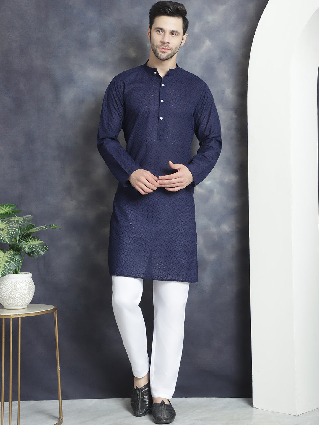 Men's Navy Blue Embroidered Kurtas ( ANMKKO 145Navy )