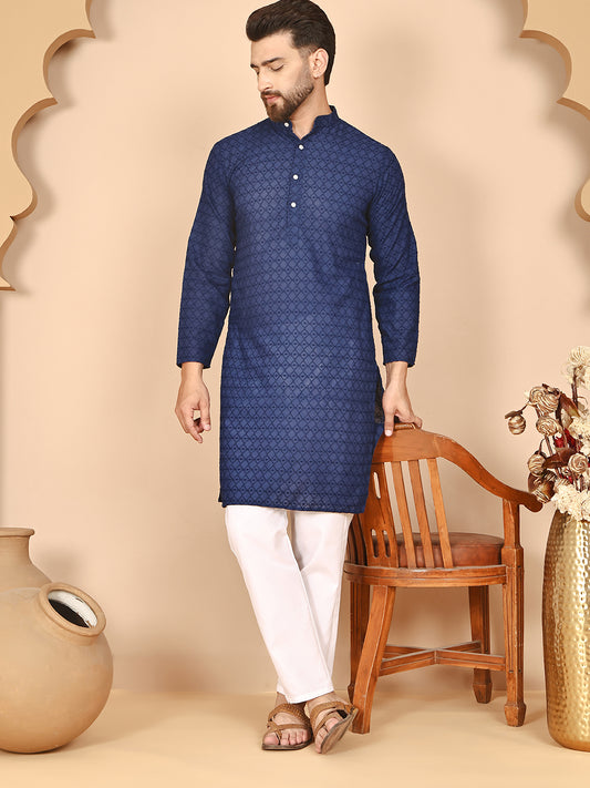 Classic Cotton Embroidered Kurtas ( RANMKO 145Navy )