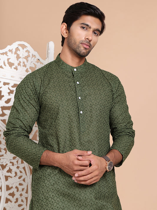Classic Cotton Embroidered Kurtas ( RANMKO 145Olive )