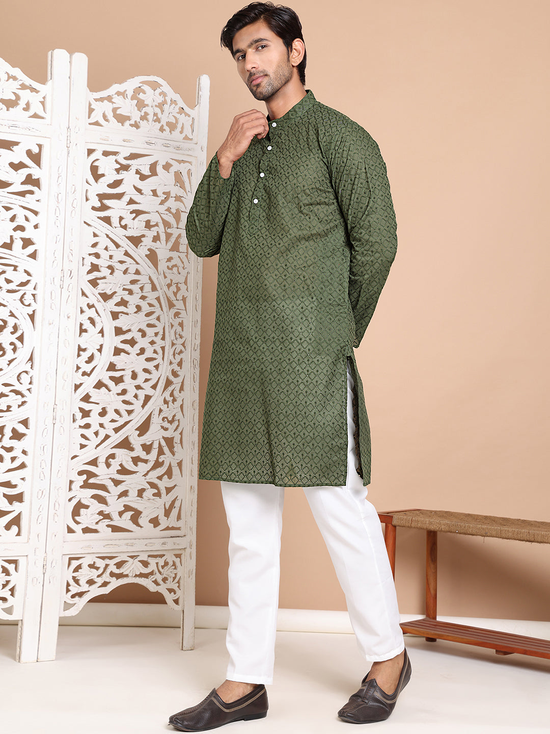 Men's Olive Green Embroidered Kurta Pyjama Set ( ANMKP 145Olive )