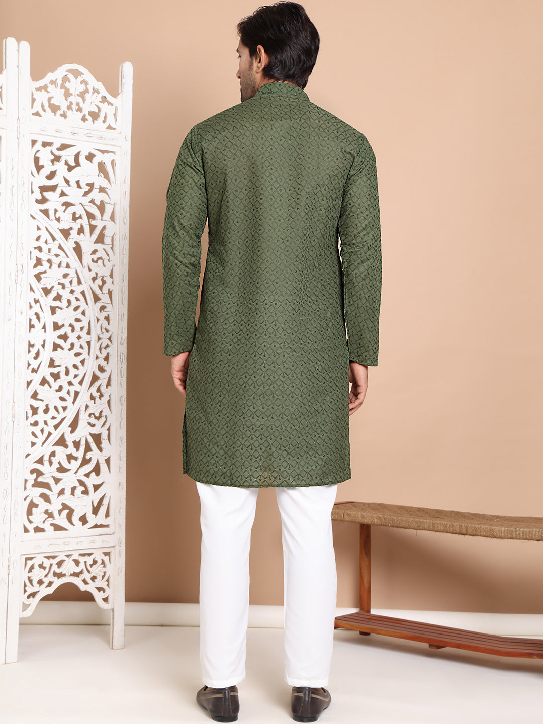 Men's Olive Green Embroidered Kurta Pyjama Set ( ANMKP 145Olive )