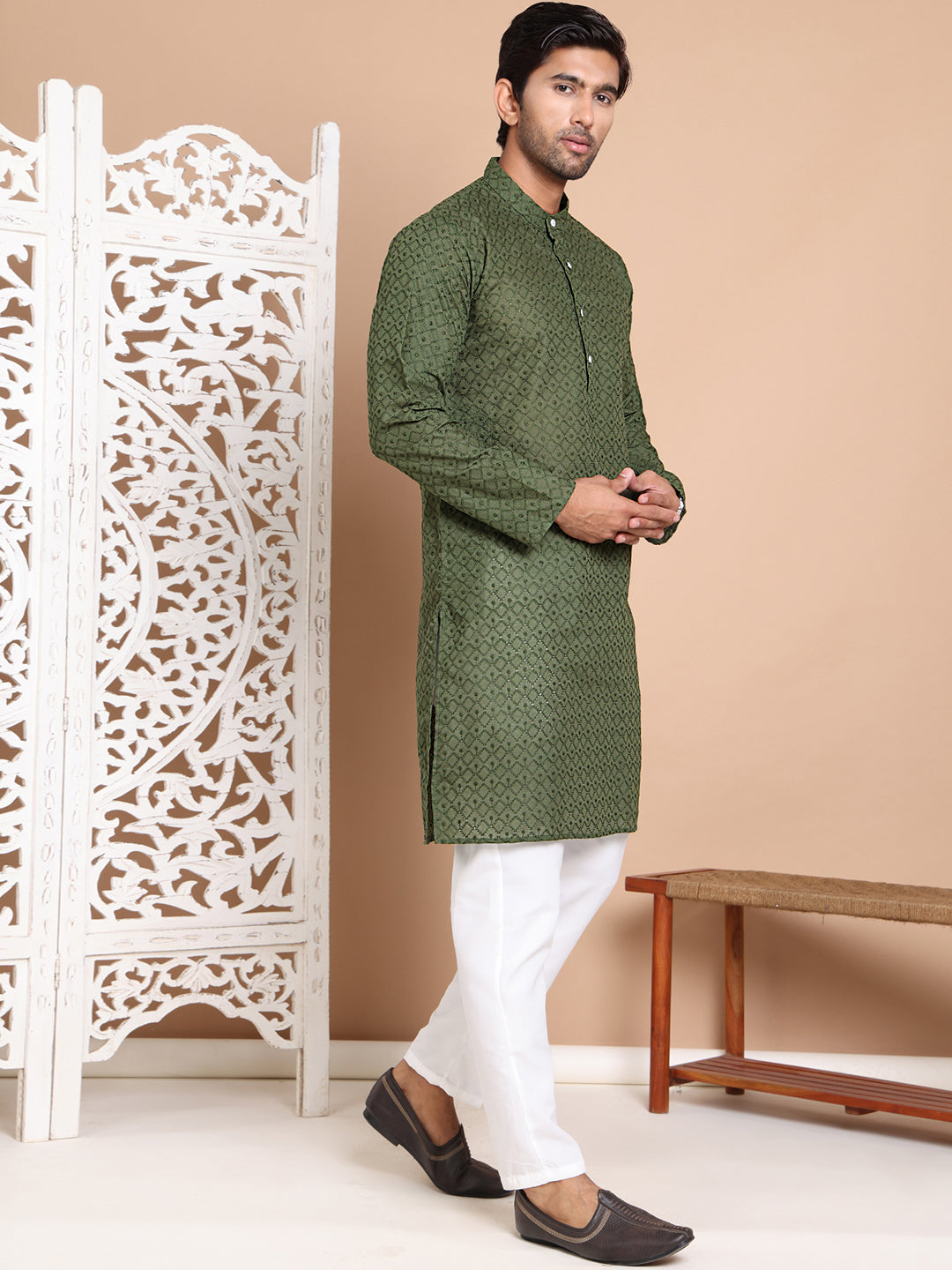 Men's Olive Green Embroidered Kurta Pyjama Set ( ANMKP 145Olive )