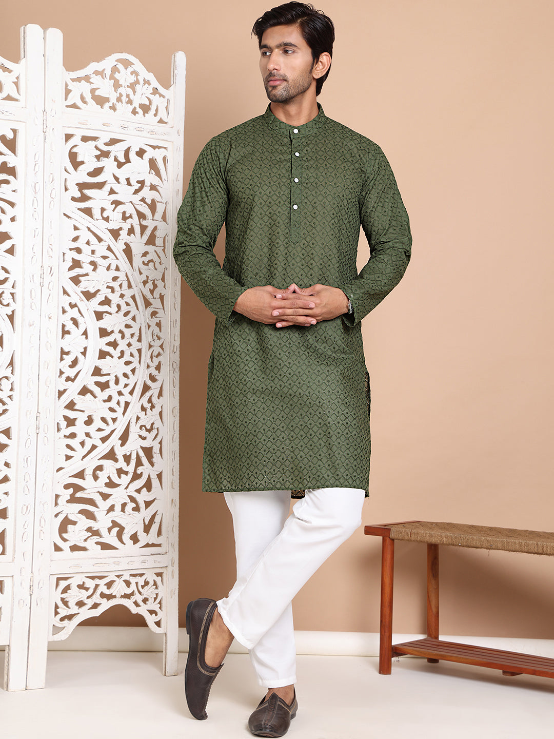 Men's Olive Green Embroidered Kurta Pyjama Set ( ANMKP 145Olive )