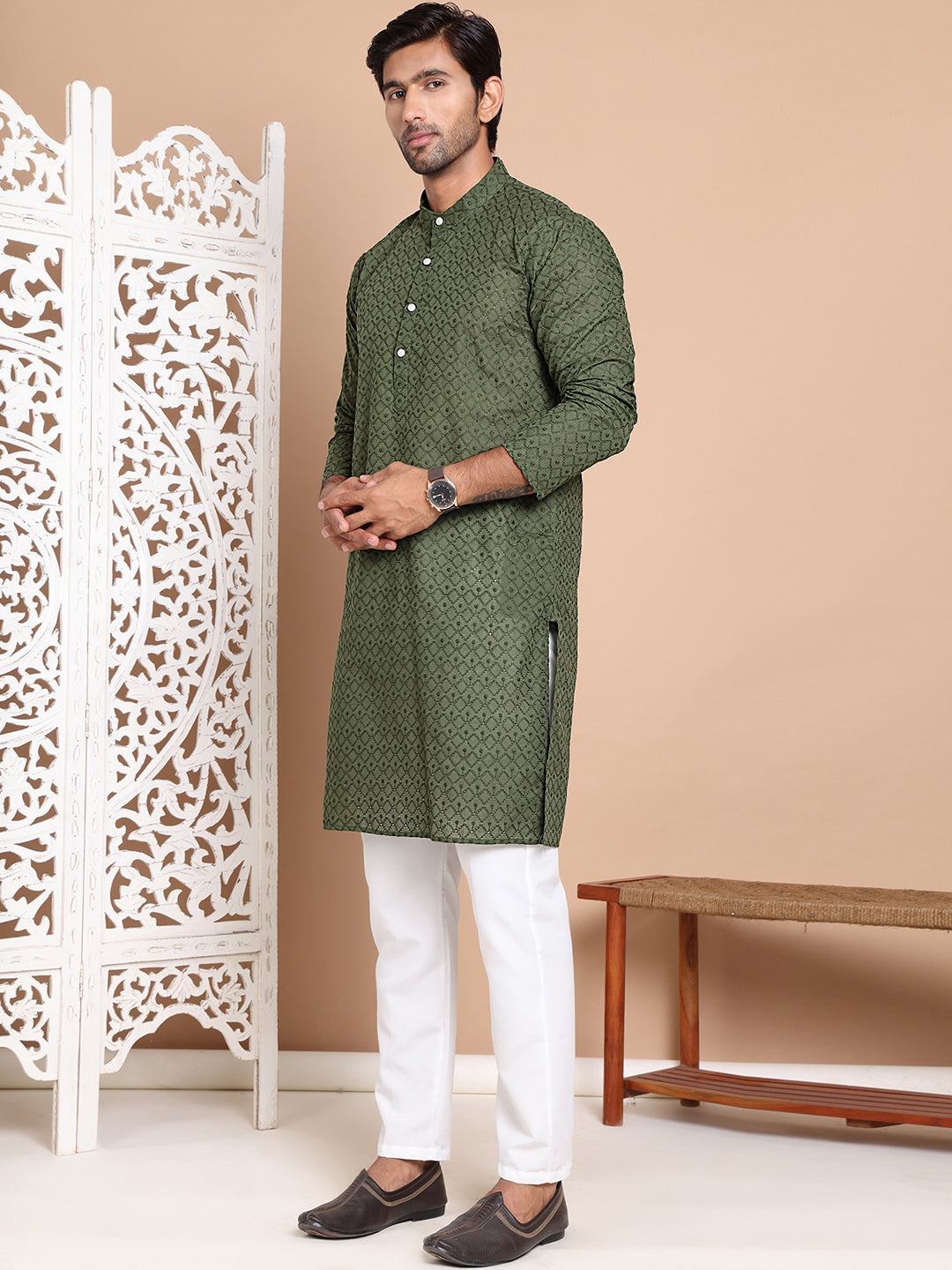 Men's Olive Green Embroidered Kurta Pyjama Set ( ANMKP 145Olive )