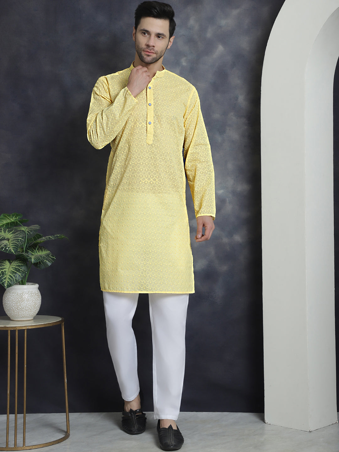 Men's Yellow Embroidered Kurtas ( ANMKO 145Yellow )  [RT] [G-6-8]