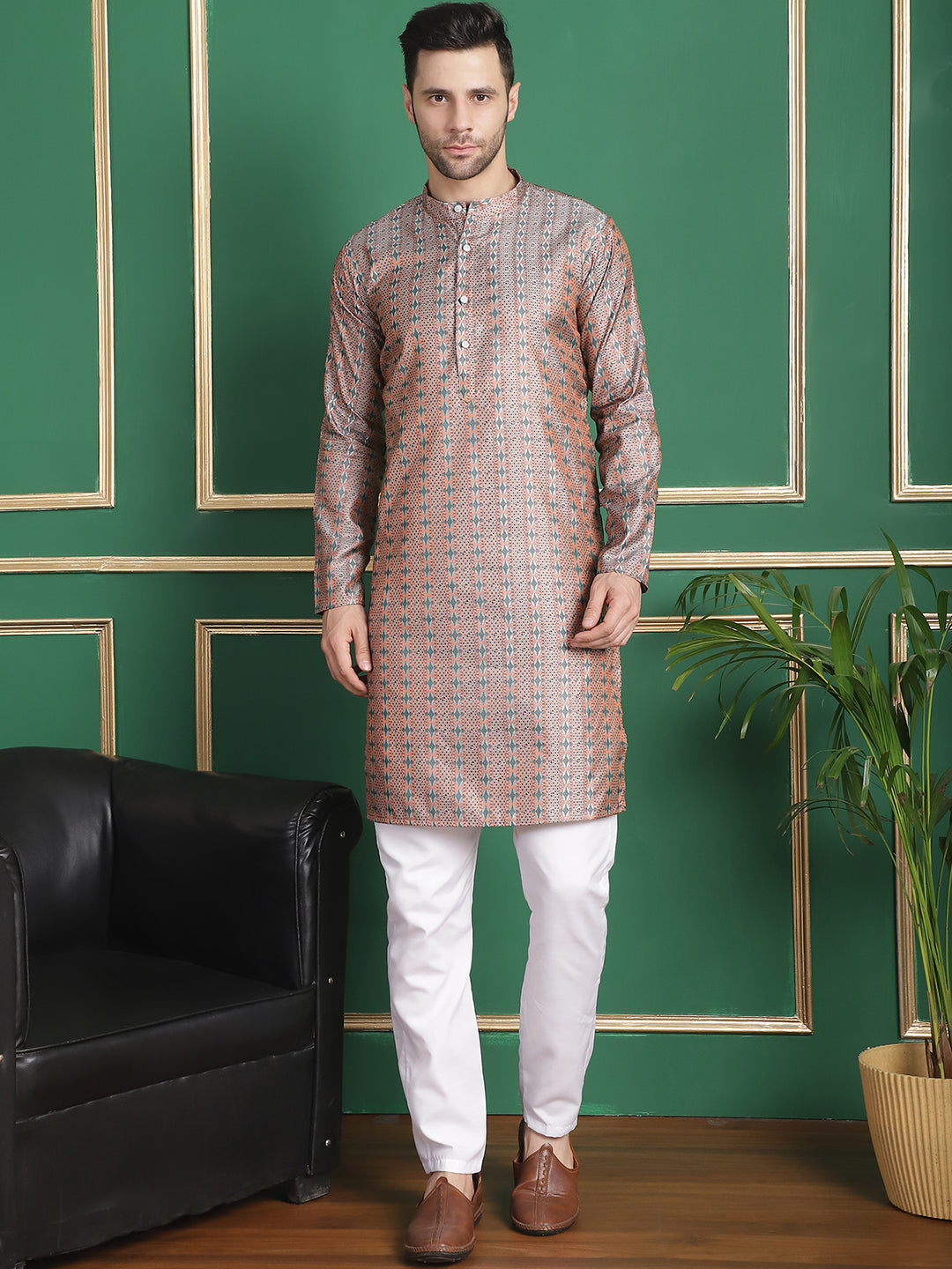 Men's Woven Design Silk Blend Kurtas ( ANMKO 148Orange )