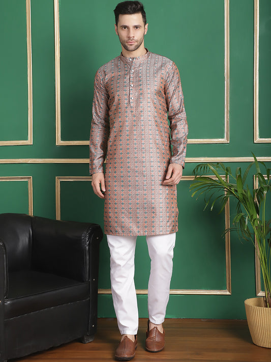 Men's Woven Design Silk Blend Kurtas ( ANMKO 148Orange )