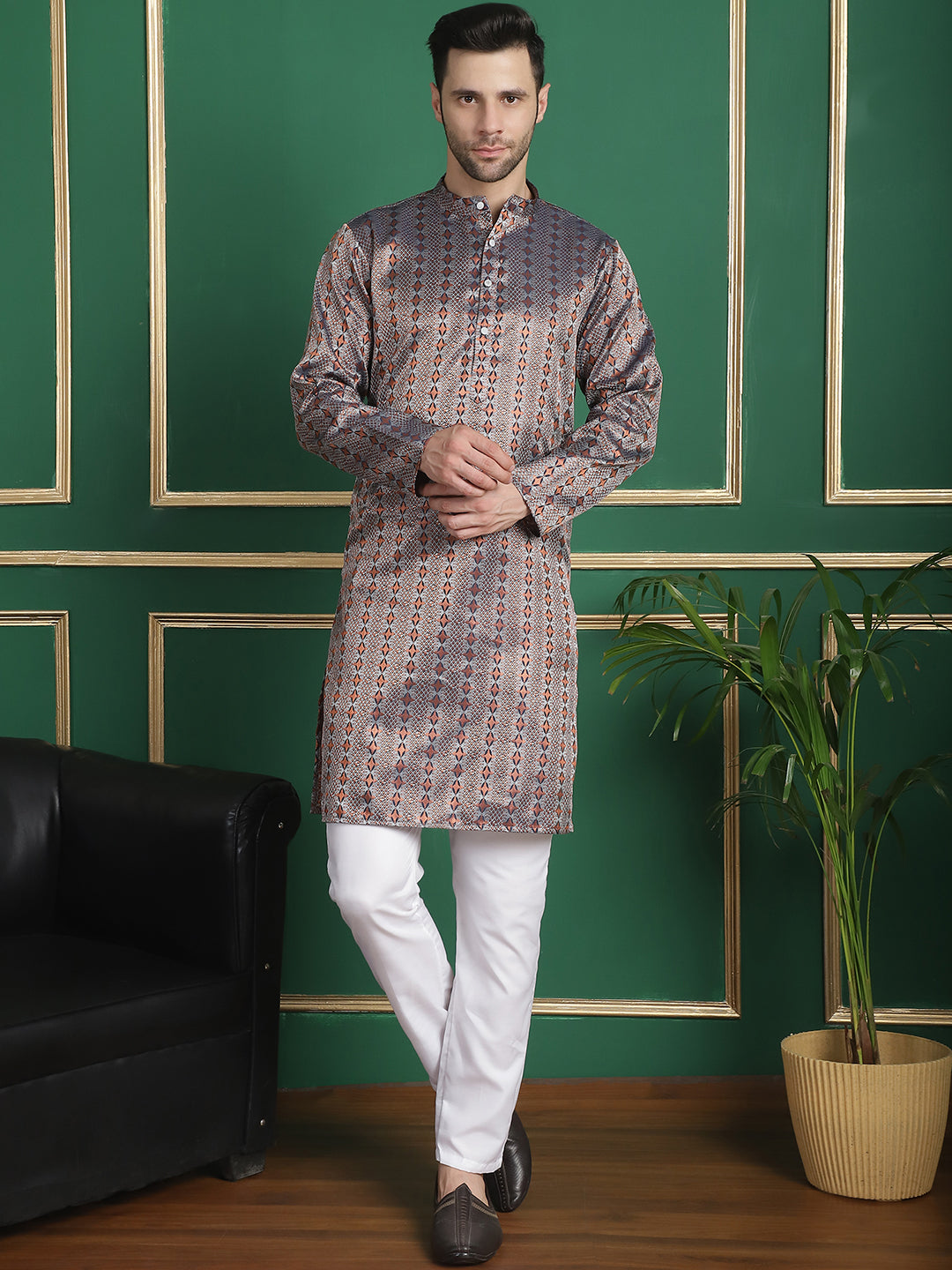 Men's Woven Design Silk Blend Kurtas ( ANMKO 148Silver )