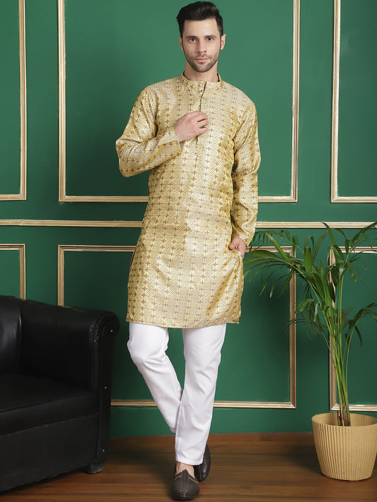 Men's Woven Design Silk Blend Kurtas ( ANMKO 148Yellow )