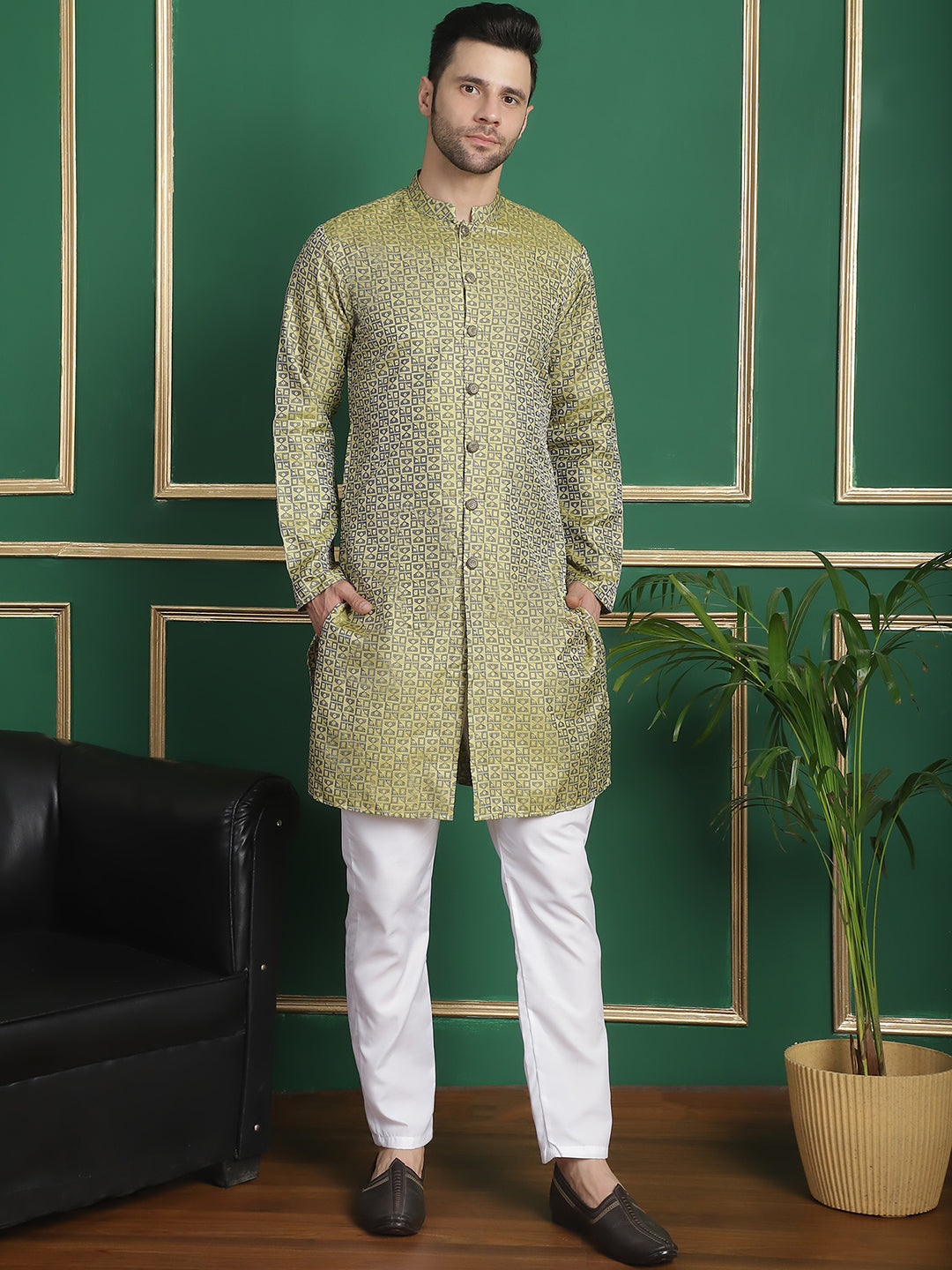 Woven Design Front Open Kurtas ( ANMKO 158Lime )  [RT] [P-14]