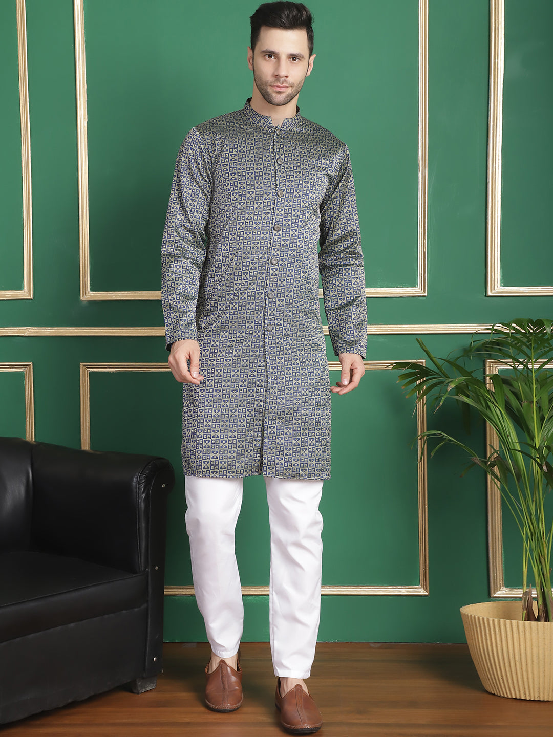 Woven Design Front Open Kurtas ( ANMKO 158Navy )  [RT] [P-14]