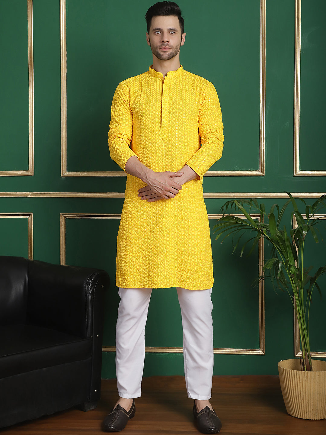 Men's Yellow Embroidered & Sequinned Kurtas ( ANMKO 159Yellow )  [RT] [D-5-9]