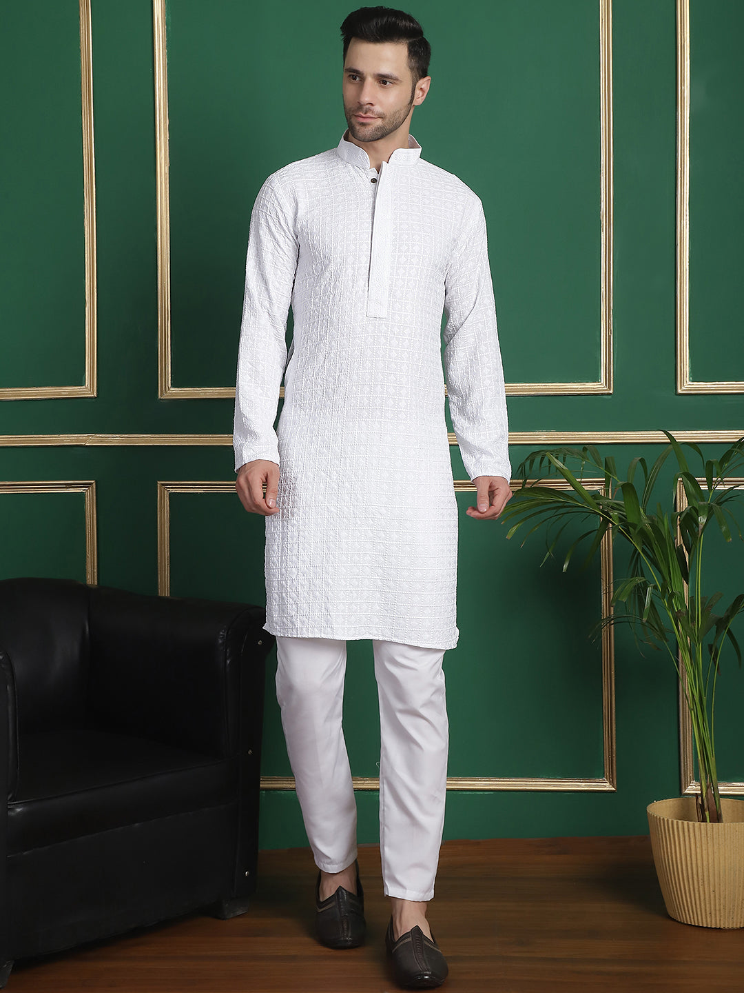 Men's White Embroidered & Sequinned Kurtas ( ANMKO 161White ) [RT] [P-13]