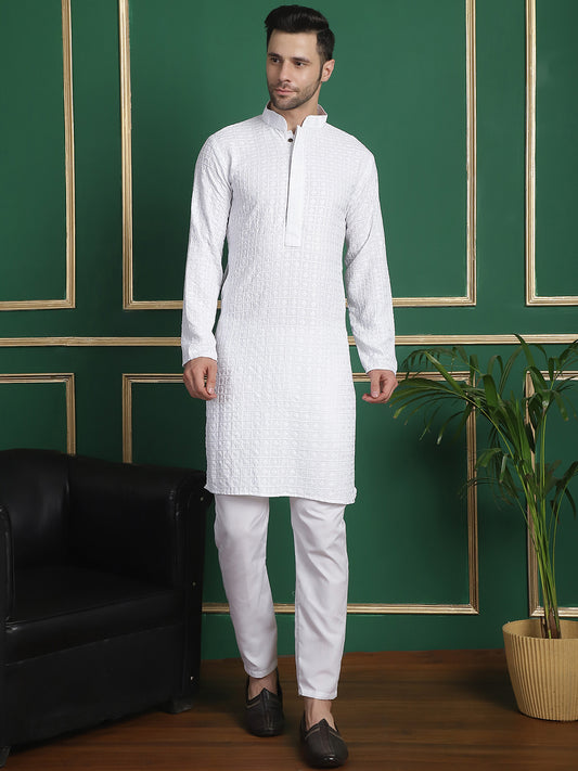 Men's White Embroidered & Sequinned Kurtas ( ANMKO 161White ) [RT] [P-13]