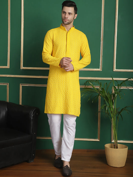 Men's Yellow Embroidered & Sequinned Kurtas ( ANMKO 161Yellow ) [RT] [P-13]