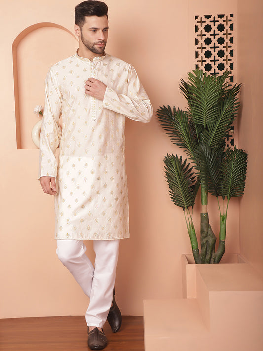 Men's White Floral Printed Kurtas ( ANMKO 162White )  [RT] [A-3]