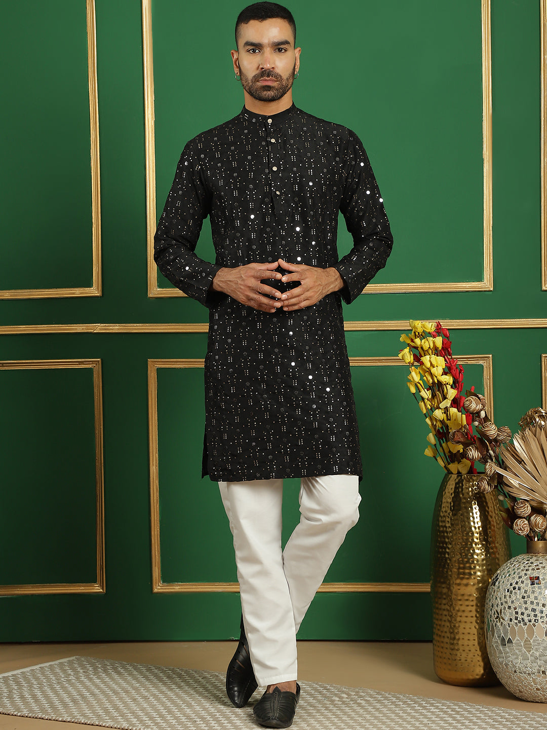 Embroidered Mirror Work Kurtas ( ANMKO 163Black )  [RT] [P-14]