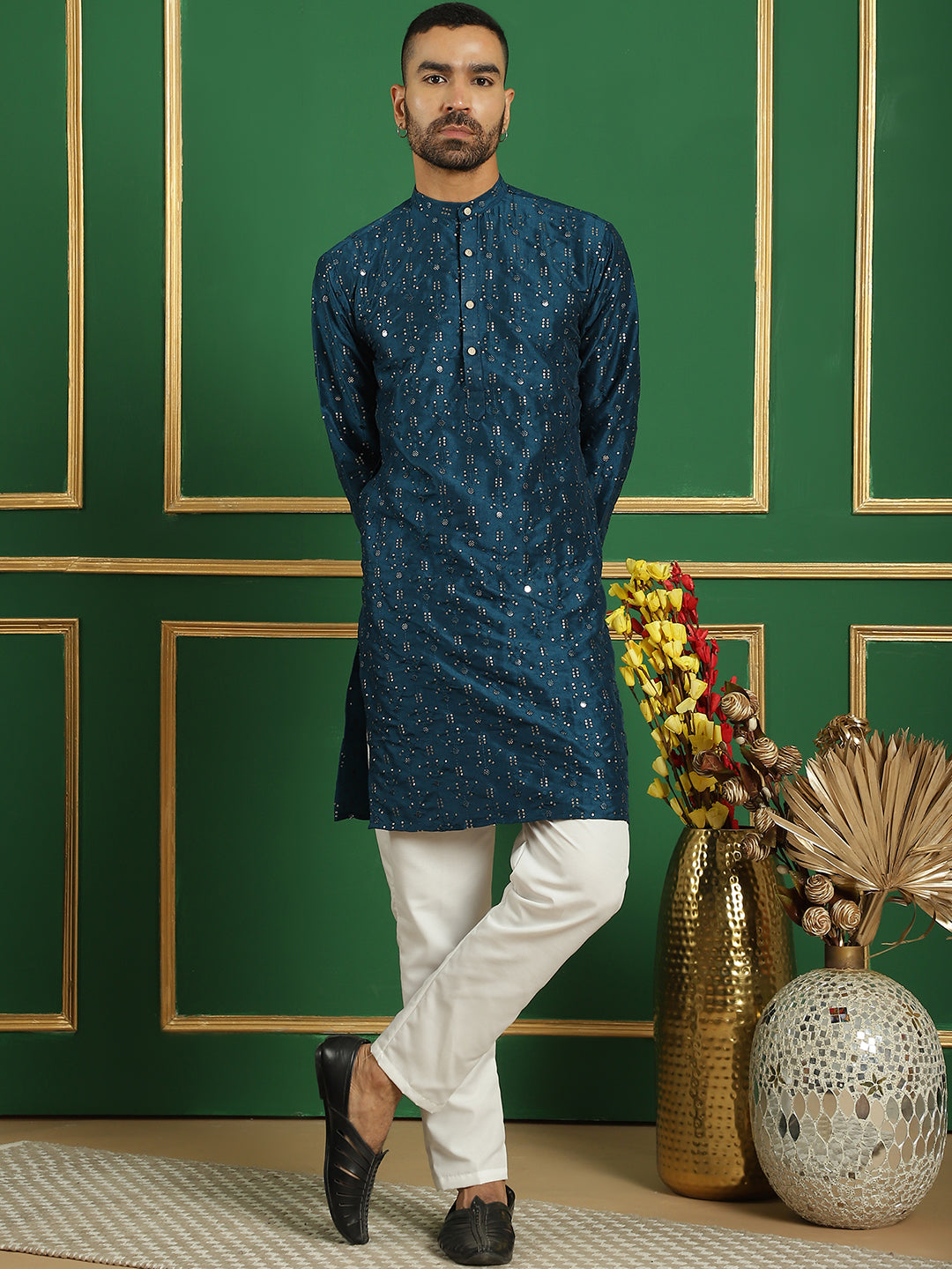 Embroidered Mirror Work Kurtas ( ANMKO 163Peacock )  [RT] [P-14]
