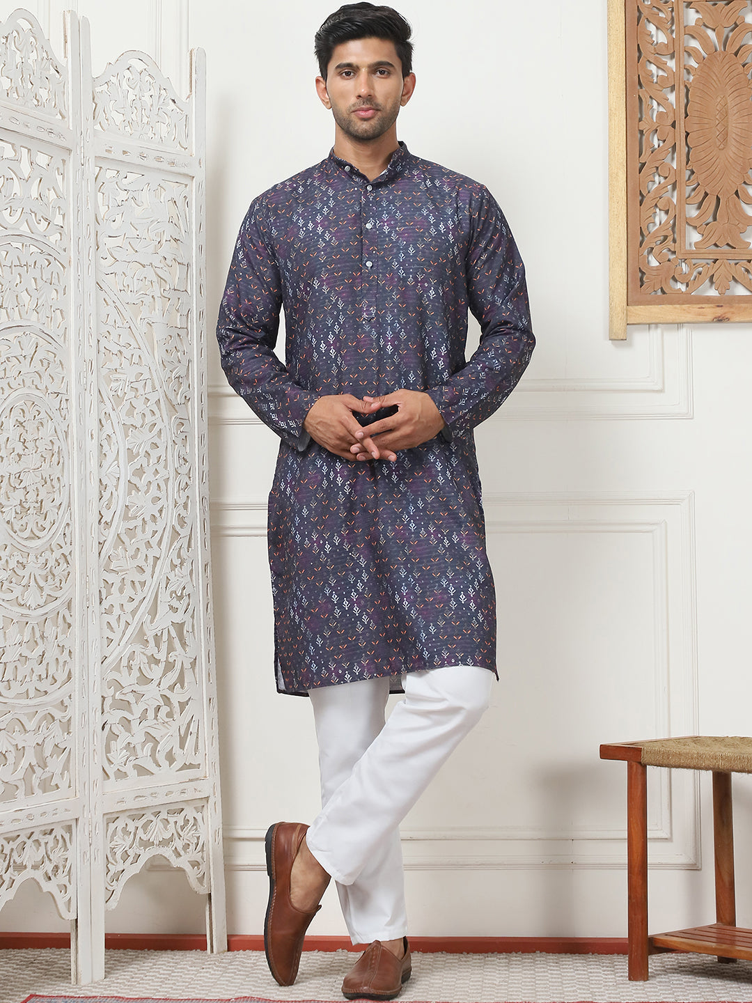 Men's Printed Pure Cotton Straight Kurtas ( ANMKO 166Purple )  [RT] [A-11]