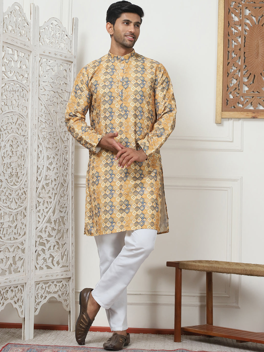 Men's Printed Pure Cotton Straight Kurtas ( ANMKO 167Mustard )  [RT] [A-10]