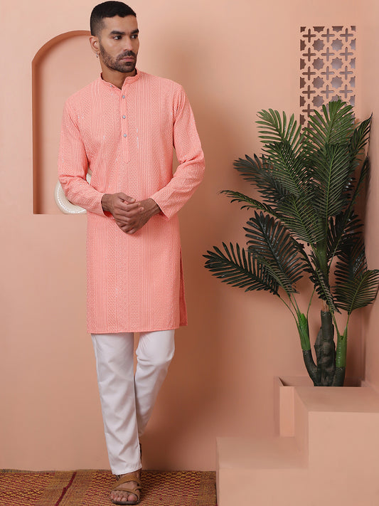 Embroidered and Sequinned Kurtas. ( ANMKO 169Peach )