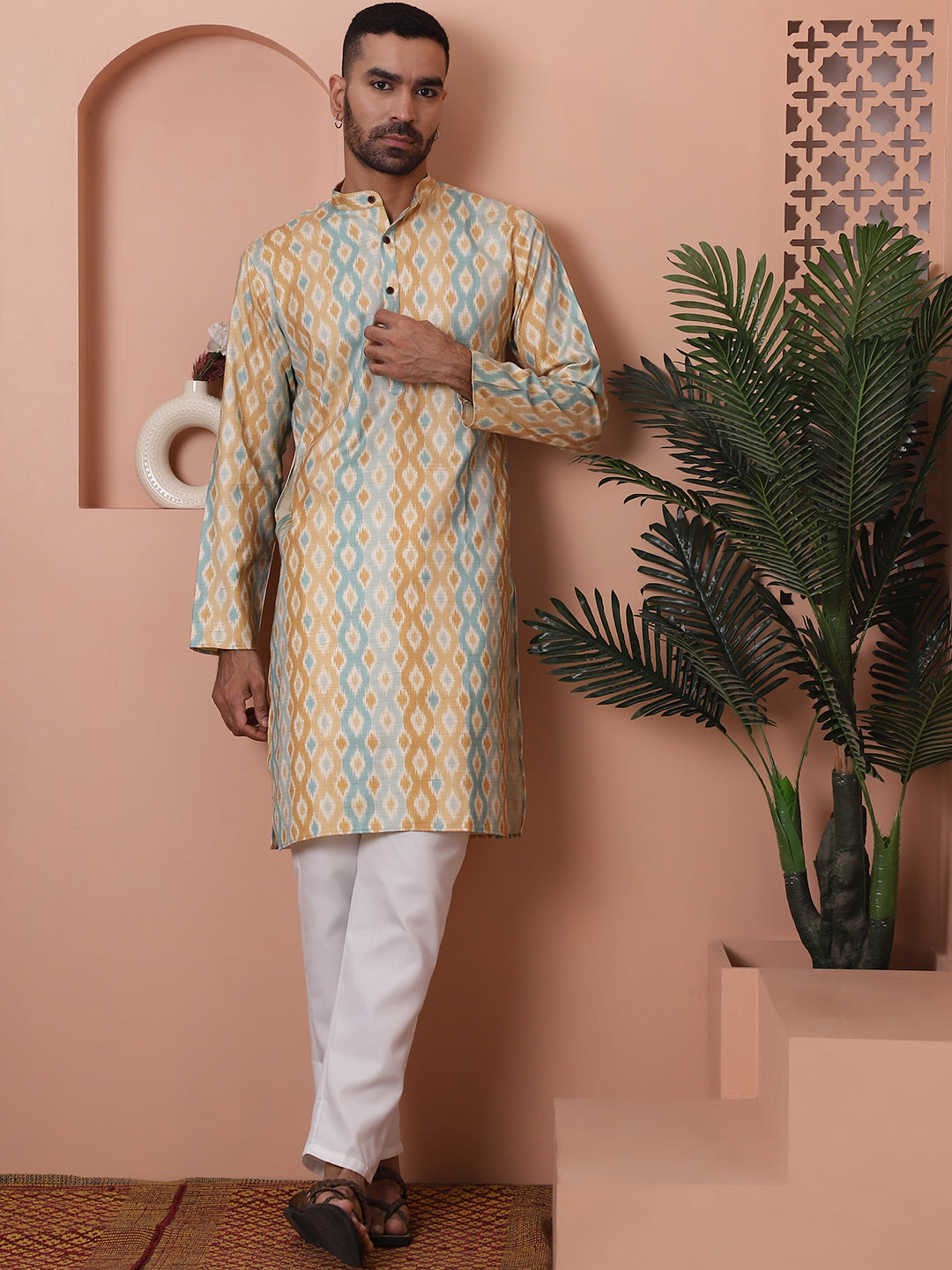 Men's Printed Pure Cotton Straight Kurtas. ( ANMKO 170Yellow ) [RT] [P-12]