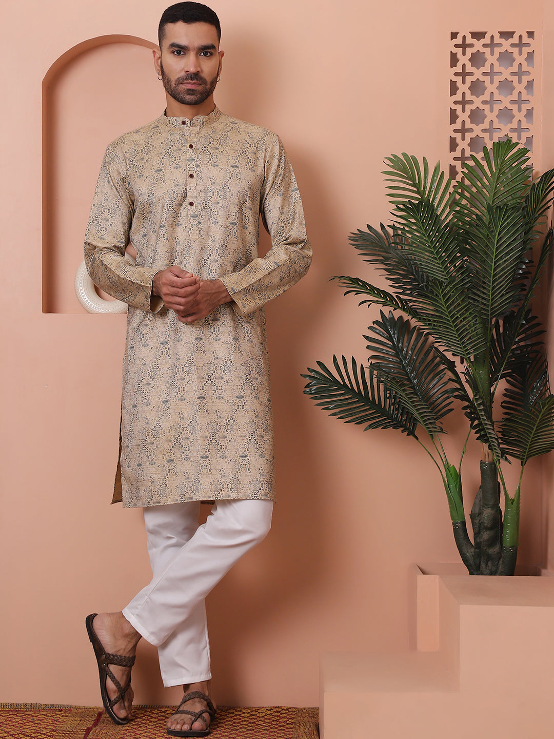 Men's Printed Straight Kurtas. ( ANMKO 175Beige )