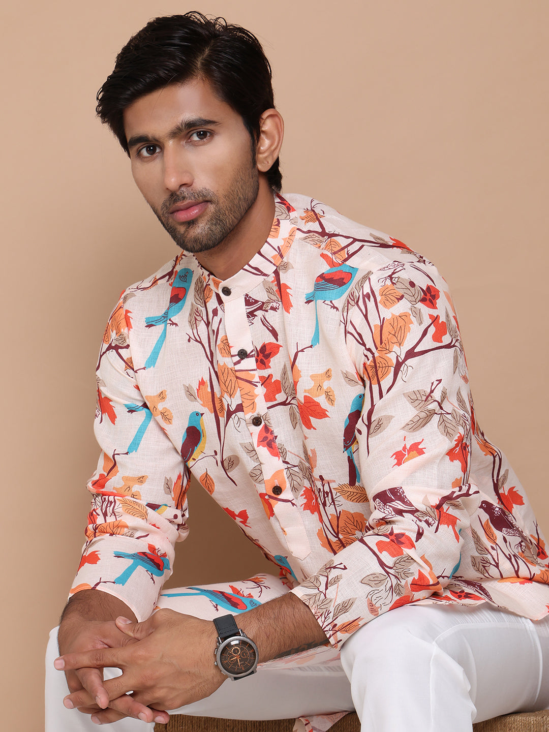 Men's Floral Printed Pure Cotton Straight Kurtas. ( ANMKO 178Cream )  [RT] [B-1]