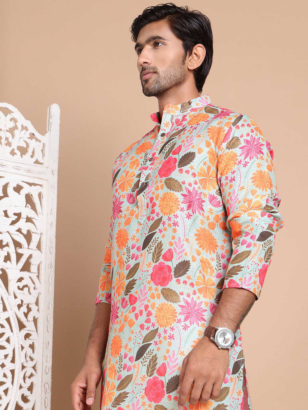 Men's Floral Printed Pure Cotton Straight Kurtas. ( ANMKO 178Grey )  [RT] [B-1]