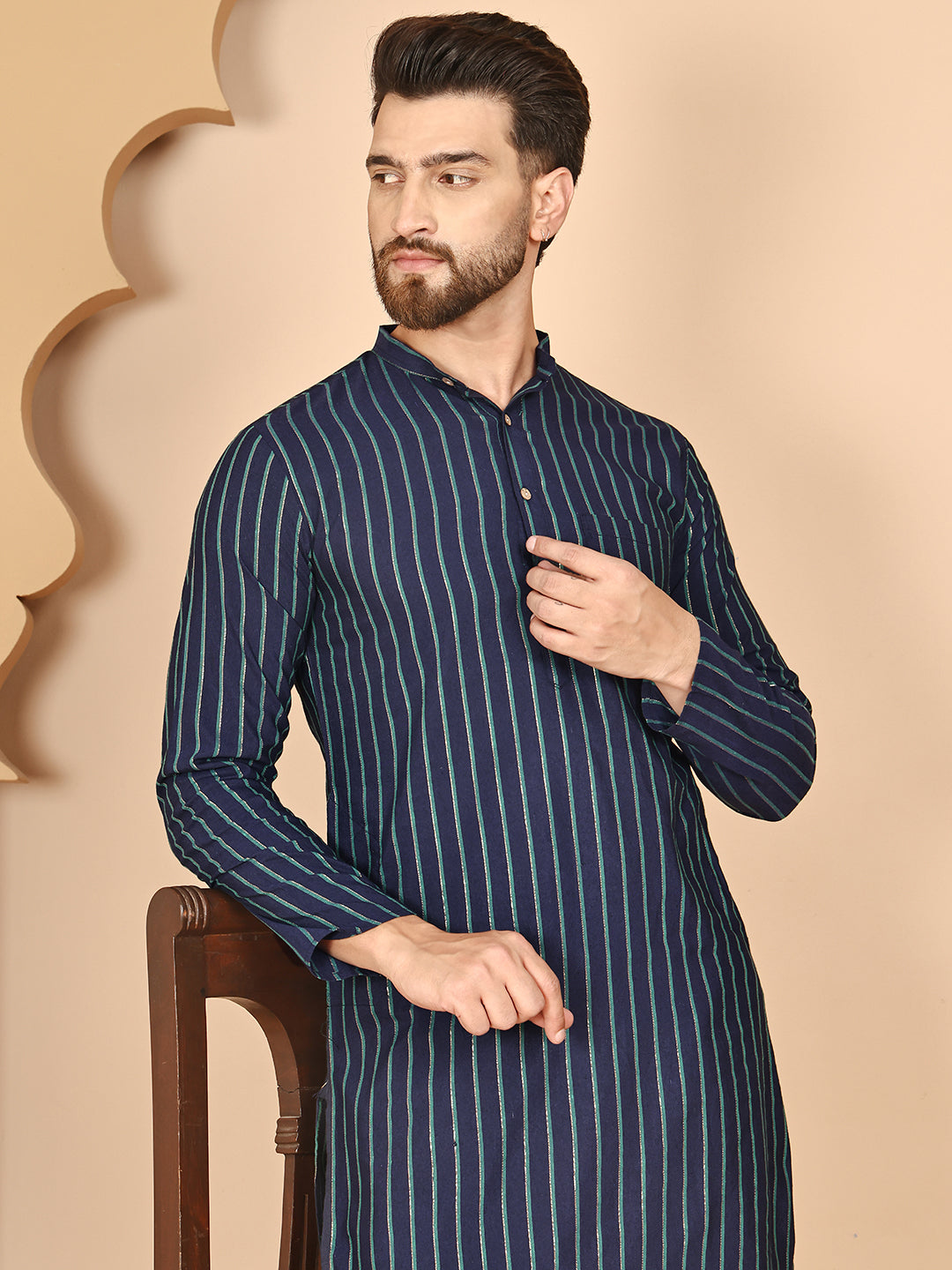 Men's Casual Striped Cotton Kurtas ( ANMKO 179Navy )  [RT] [N-4]