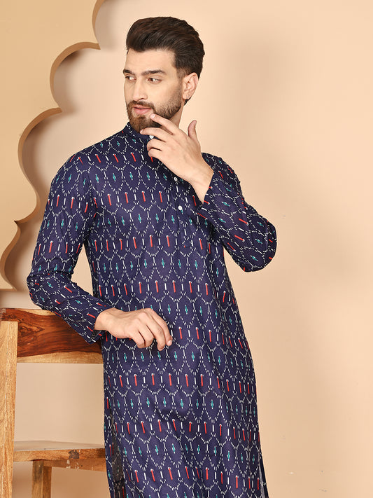 Casual Printed Cotton Kurta for Men ( ANMKO 181Navy )  [RT] [N-2]