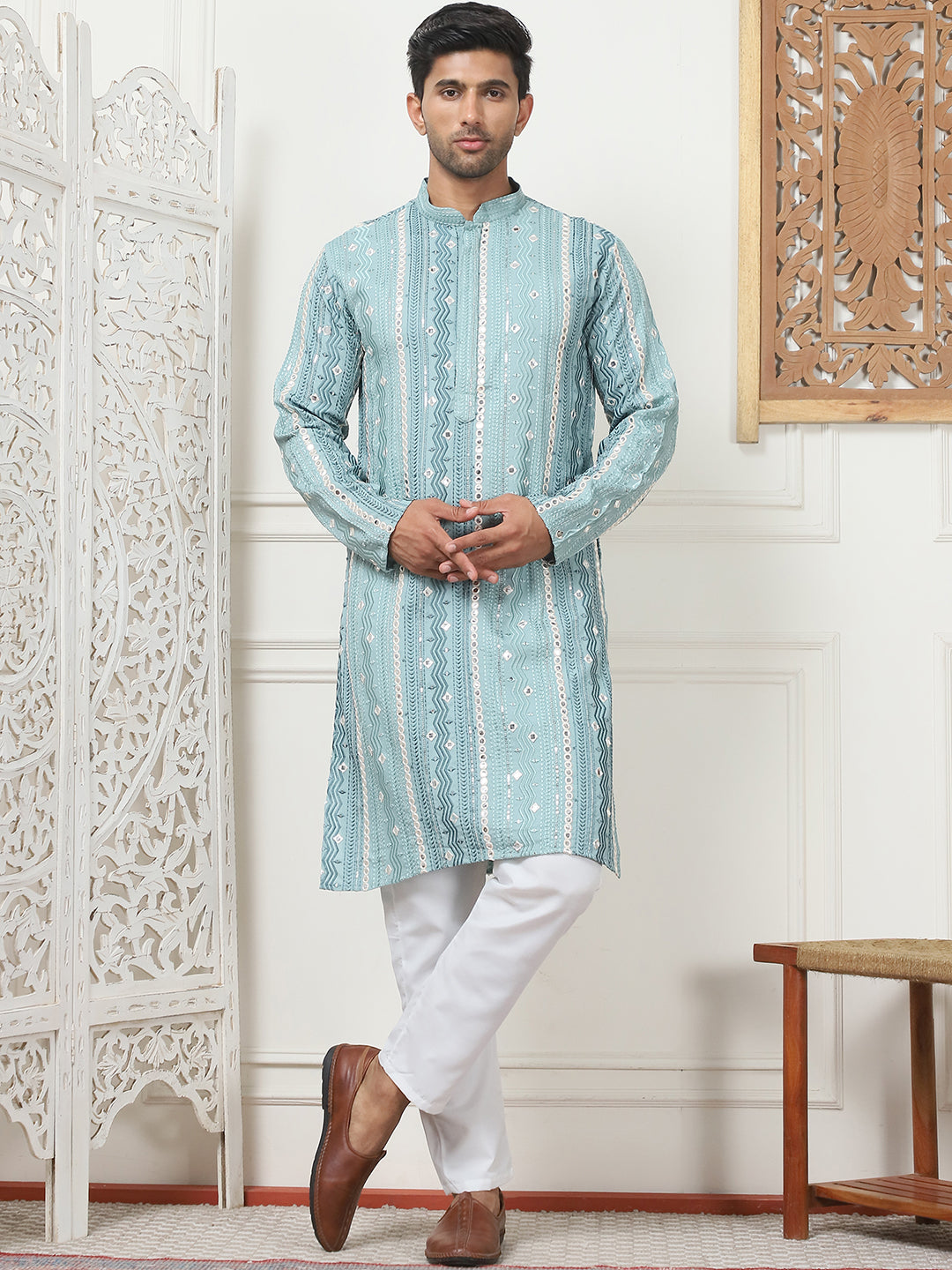 Men's Mirror Work Kurtas ( ANMKO 187Blue )  [RT] [A-4]