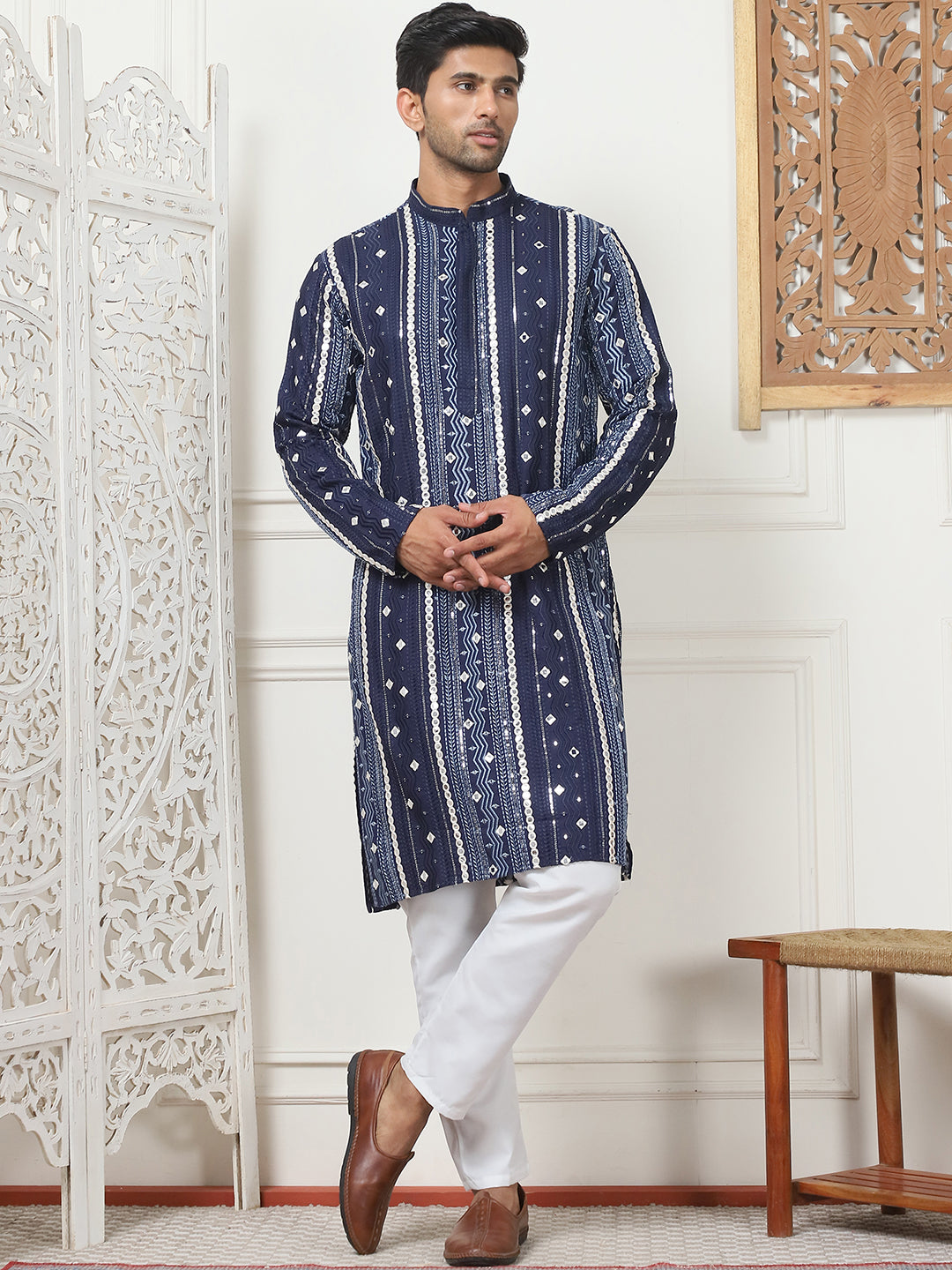 Men's Mirror Work Kurtas ( ANMKO 187Navy )  [RT] [A-4]